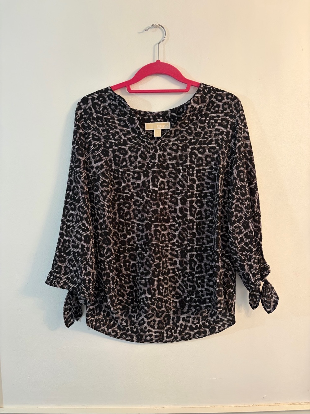 Michael Kors Black and Gray Leopard Tie-Sleeve Blouse
